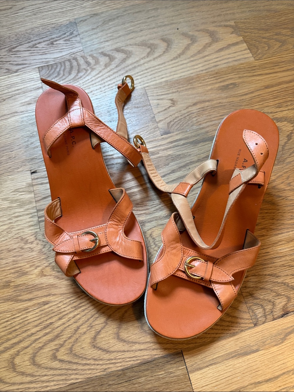 A.P.C. Orange Leather Wedge Sandals with Gold Buckles